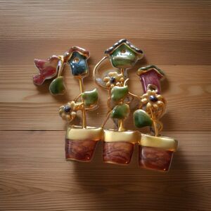 Birdhouse Flower Pot Brooch Pin Colorful Enamel Over Gold Tone Metal 2"